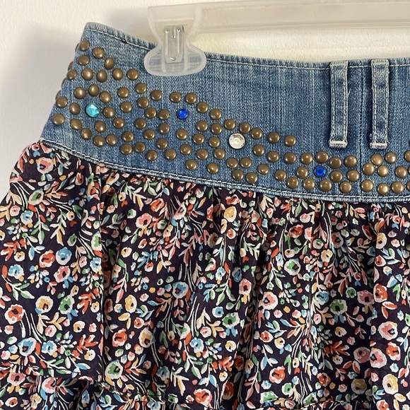 Y2K Western Ruffle Mini Skirt 6 Jean Floral Jewel Stud Express Denim 00s Baby - Picture 9 of 16